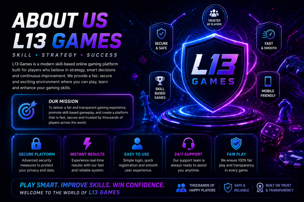 L13 Games About Us banner showing skill-based gaming platform with neon futuristic design, secure gameplay, and user-friendly experience