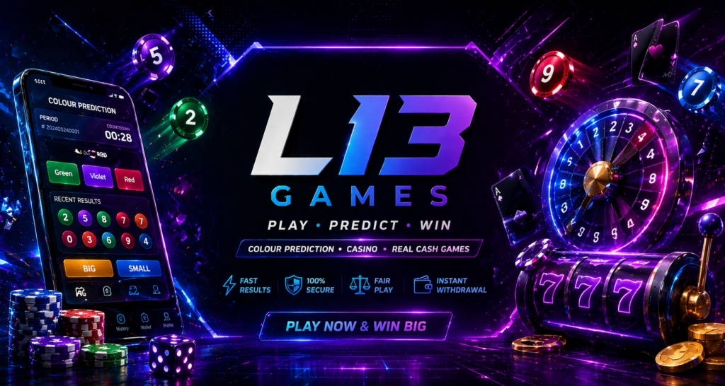 L13 Games futuristic gaming website banner with neon blue and purple glow, racing car, shooting character silhouette, arcade machine and puzzle elements